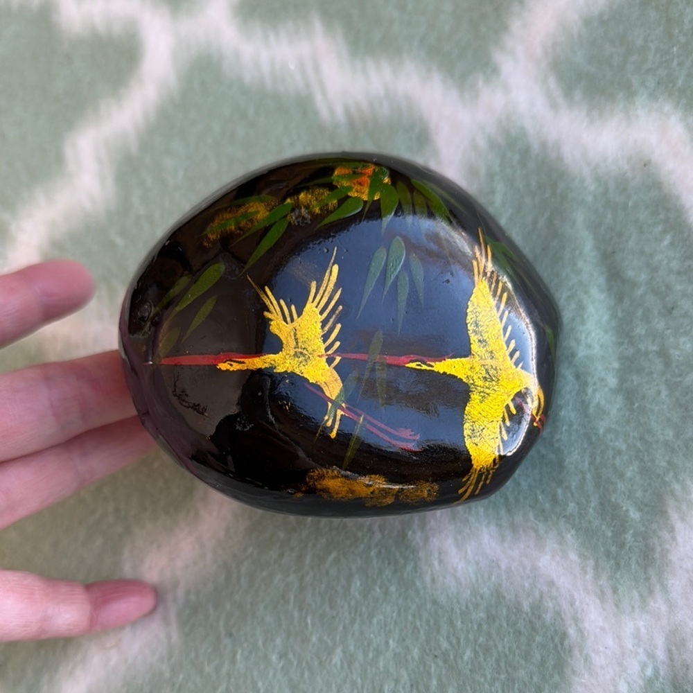 Handcrafted Black Stone with Golden Cranes and bamboo leaves